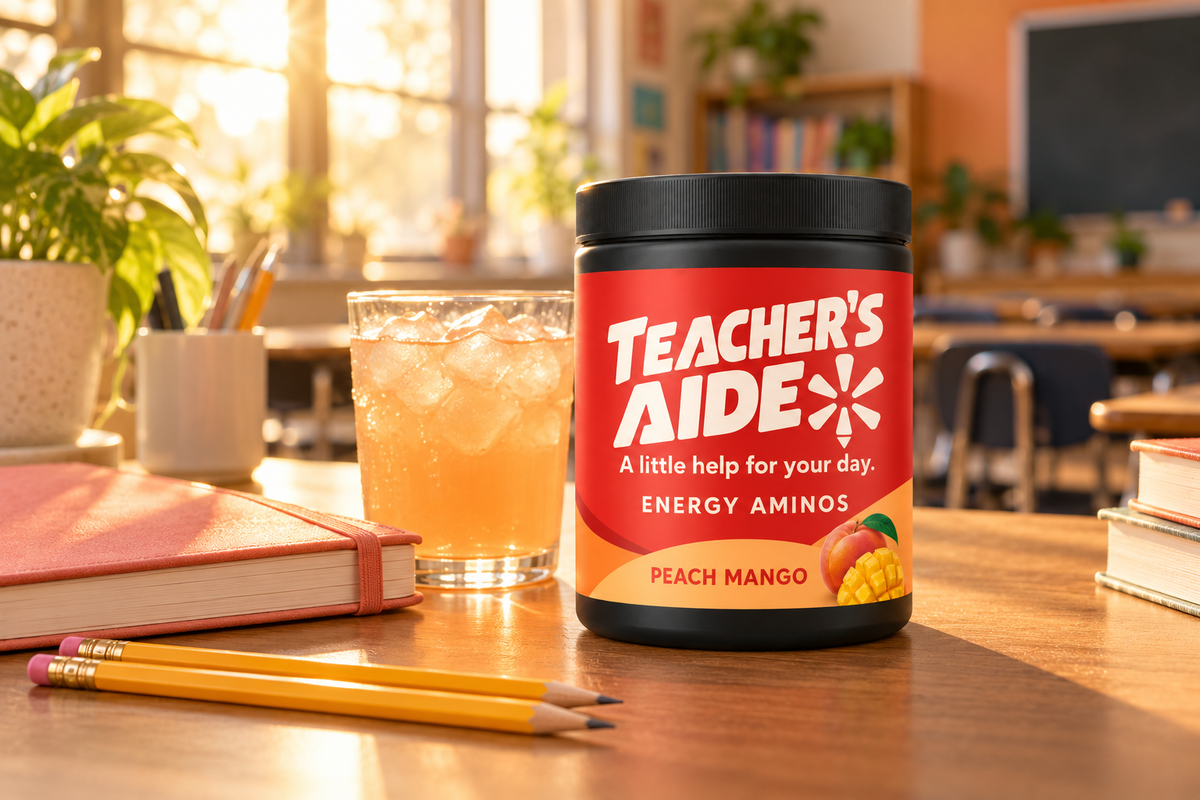 Teacher’s Aide Peach Mango tub on a sunlit teacher’s desk — illustrative scene